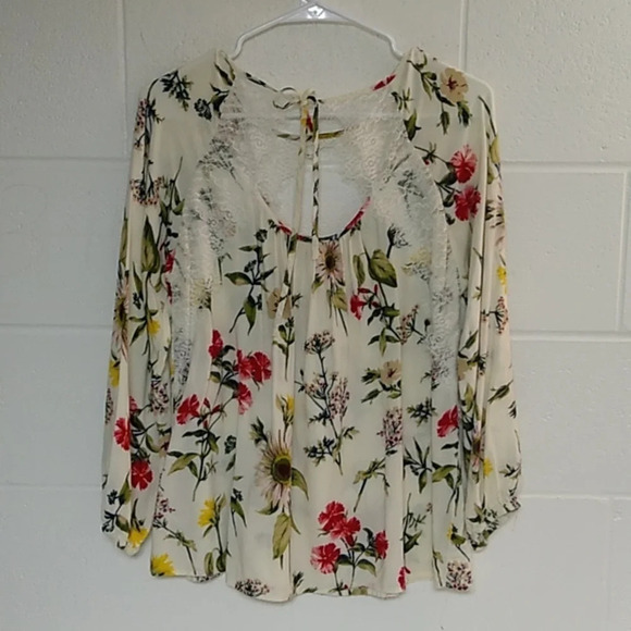 INTRO LIGHTWEIGHT LONGSLEEVE BRIGHT FLORAL LACE COTTAGECORE PEASANT SHIRT - Picture 2 of 7